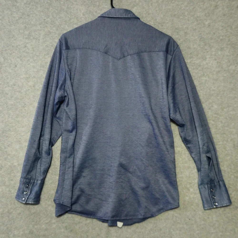 VINTAGE Lee Shirt Men 17.5 Blue Chambray 70s Western Pearl Snap Cowboy Rodeo USA